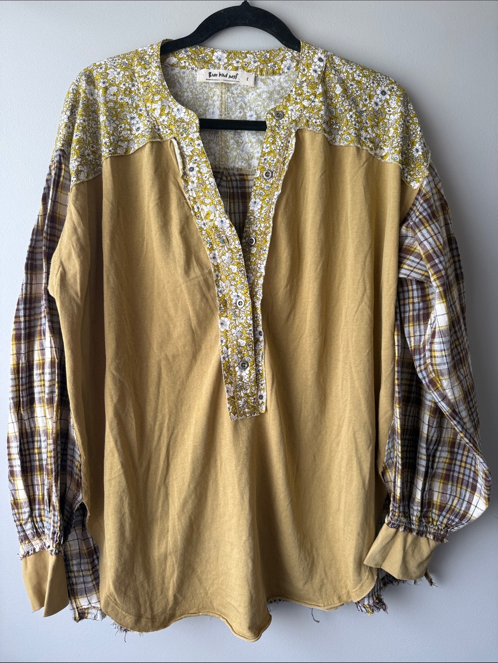 Three Bird Nest Mustard Patchwork Button Henley Casual Shirt Fall Large